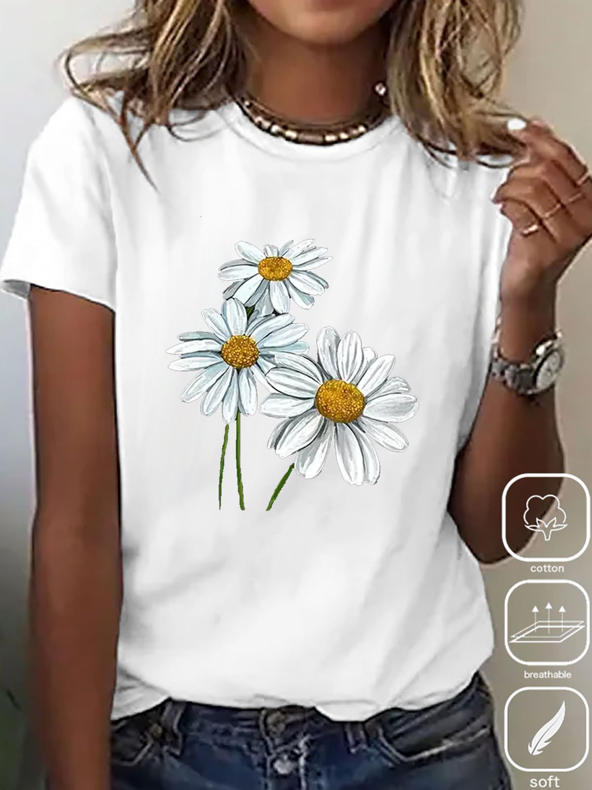 T-shirts Femmes Décontracté Été Marguerite Coton Quotidien Ample Manches Courtes Droit Élasticité moyenne