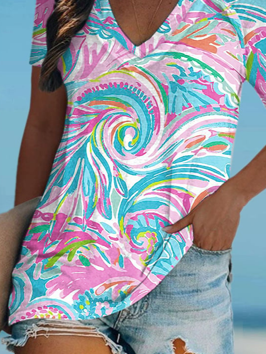 T-shirts Femmes Décontracté Été océan Motif Col V Micro-élasticité Ample Manches Courtes Régulier Régulier