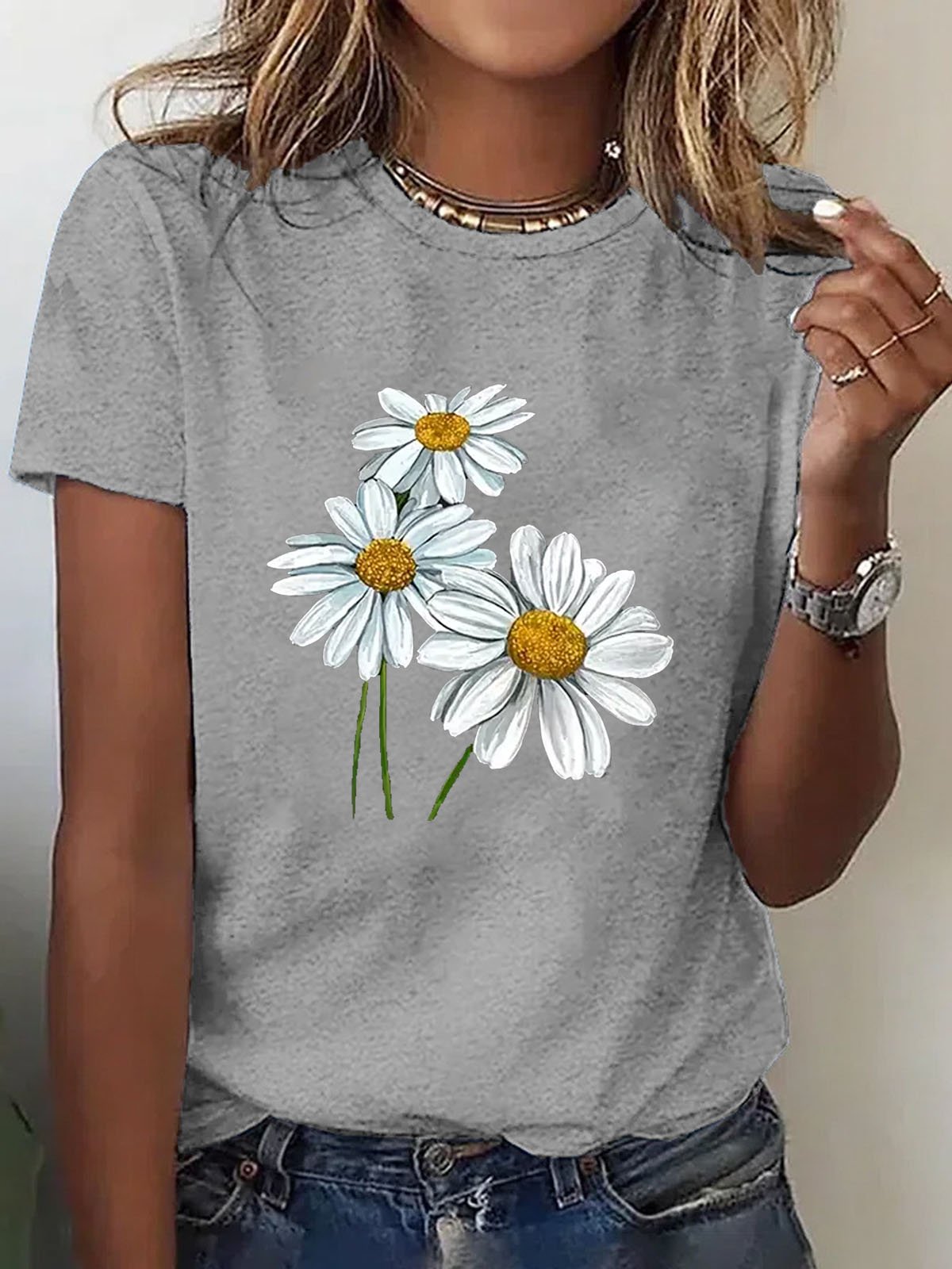 T-shirts Femmes Décontracté Été Marguerite Coton Quotidien Ample Manches Courtes Droit Élasticité moyenne