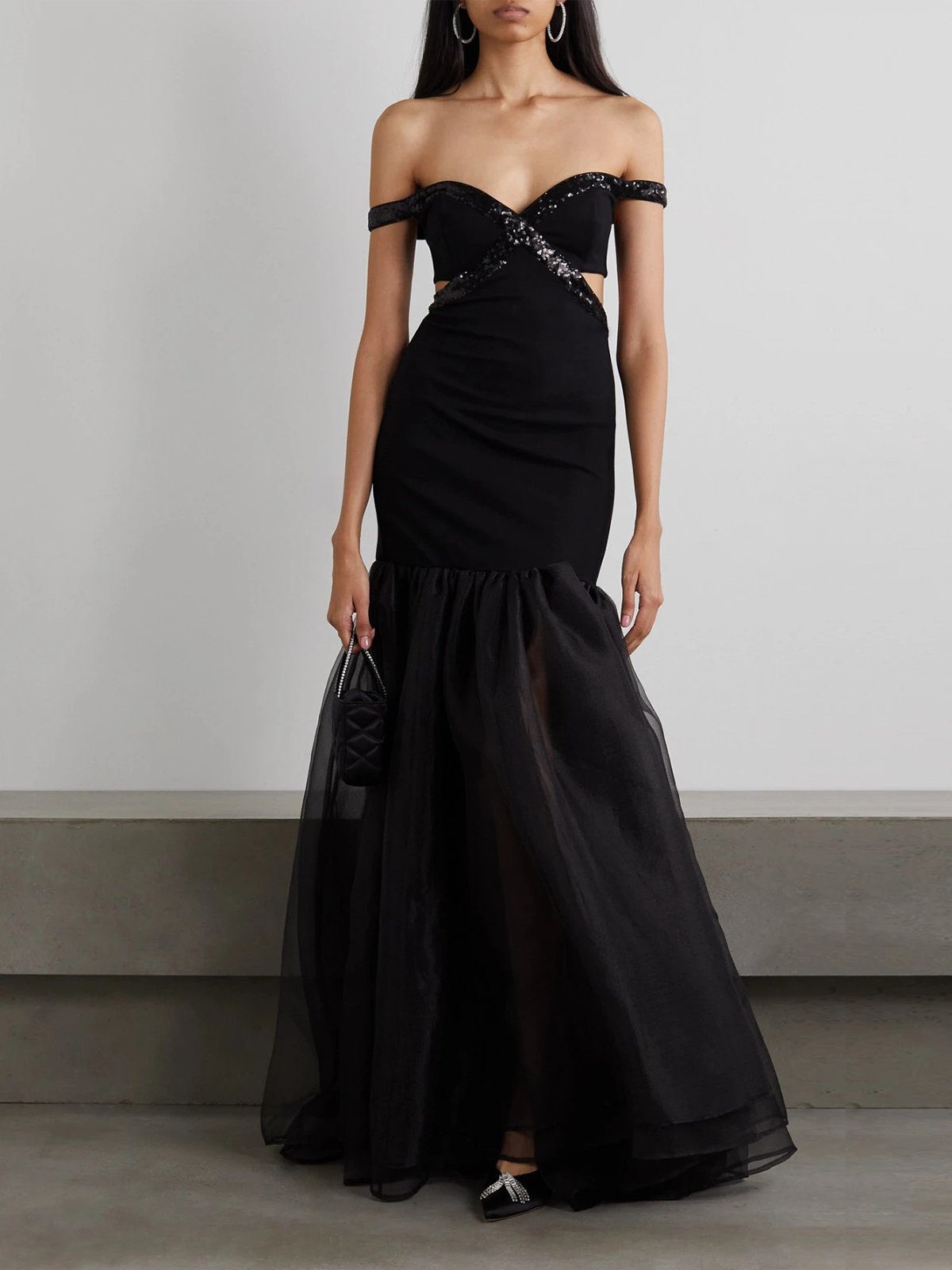Femmes Plain Noir À Épaules Dénudées Confortable Robe Maxi Sexy