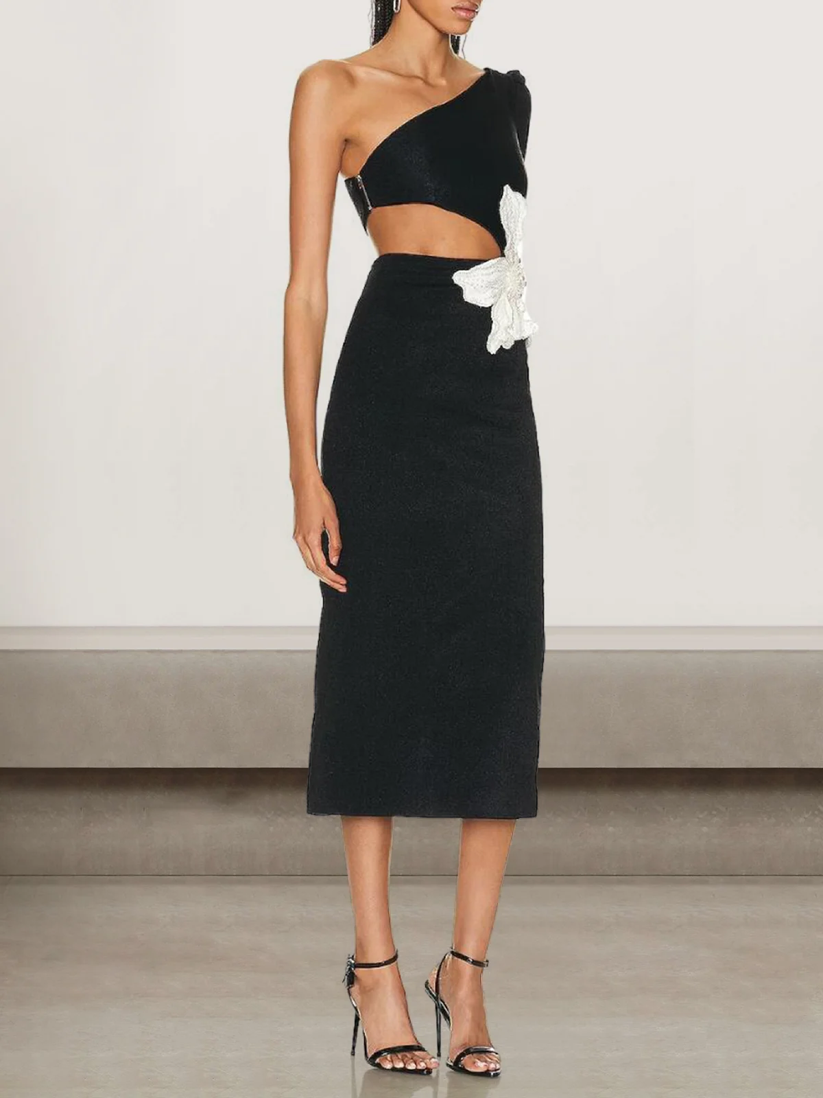 Femmes Plain Noir Une Épaule Dénudée Confortable Robe Mi-Longue Sexy