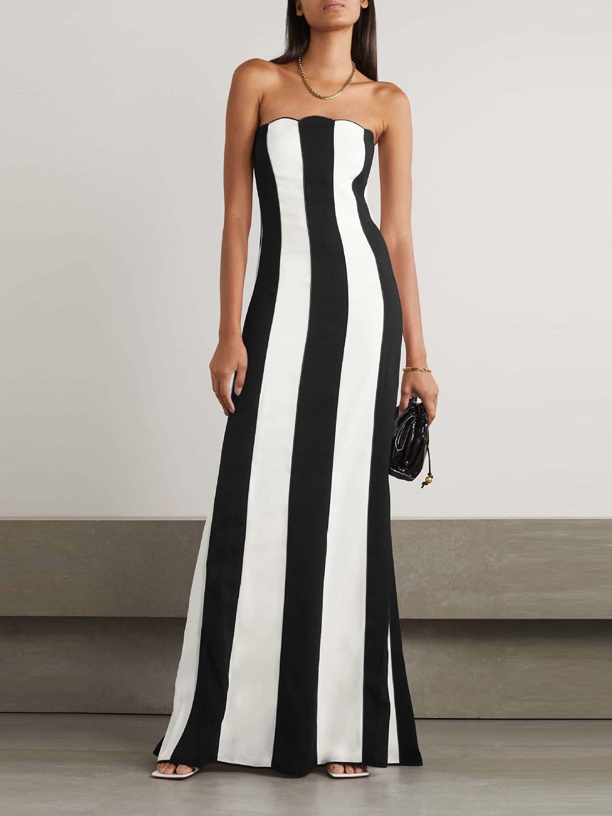 Femmes Rayé Noir Sans Bretelles Confortable Robe Maxi Sexy
