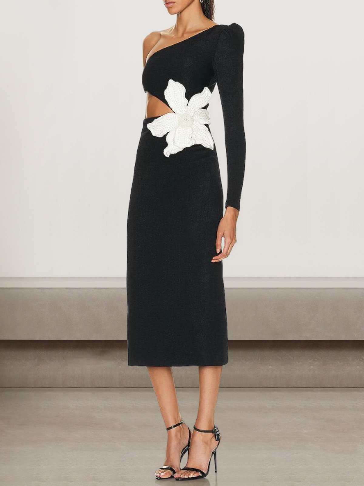 Femmes Plain Noir Une Épaule Dénudée Confortable Robe Mi-Longue Sexy