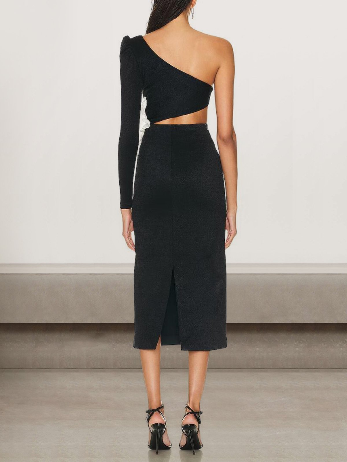 Femmes Plain Noir Une Épaule Dénudée Confortable Robe Mi-Longue Sexy