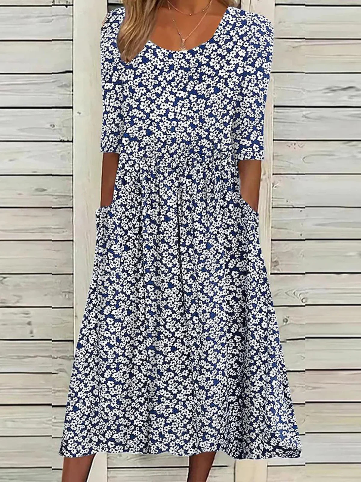 Femmes Petites fleurs Bleu Col Rond Confortable Robe Mi-Longue Décontracté