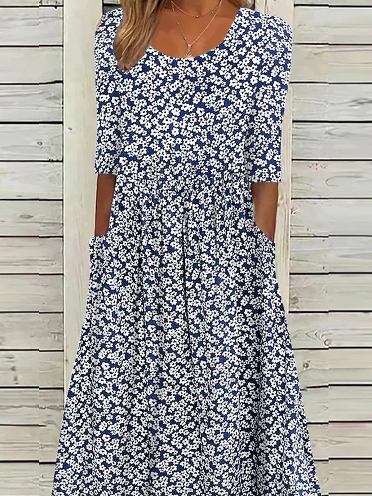 Femmes Petites fleurs Bleu Col Rond Confortable Robe Mi-Longue Décontracté
