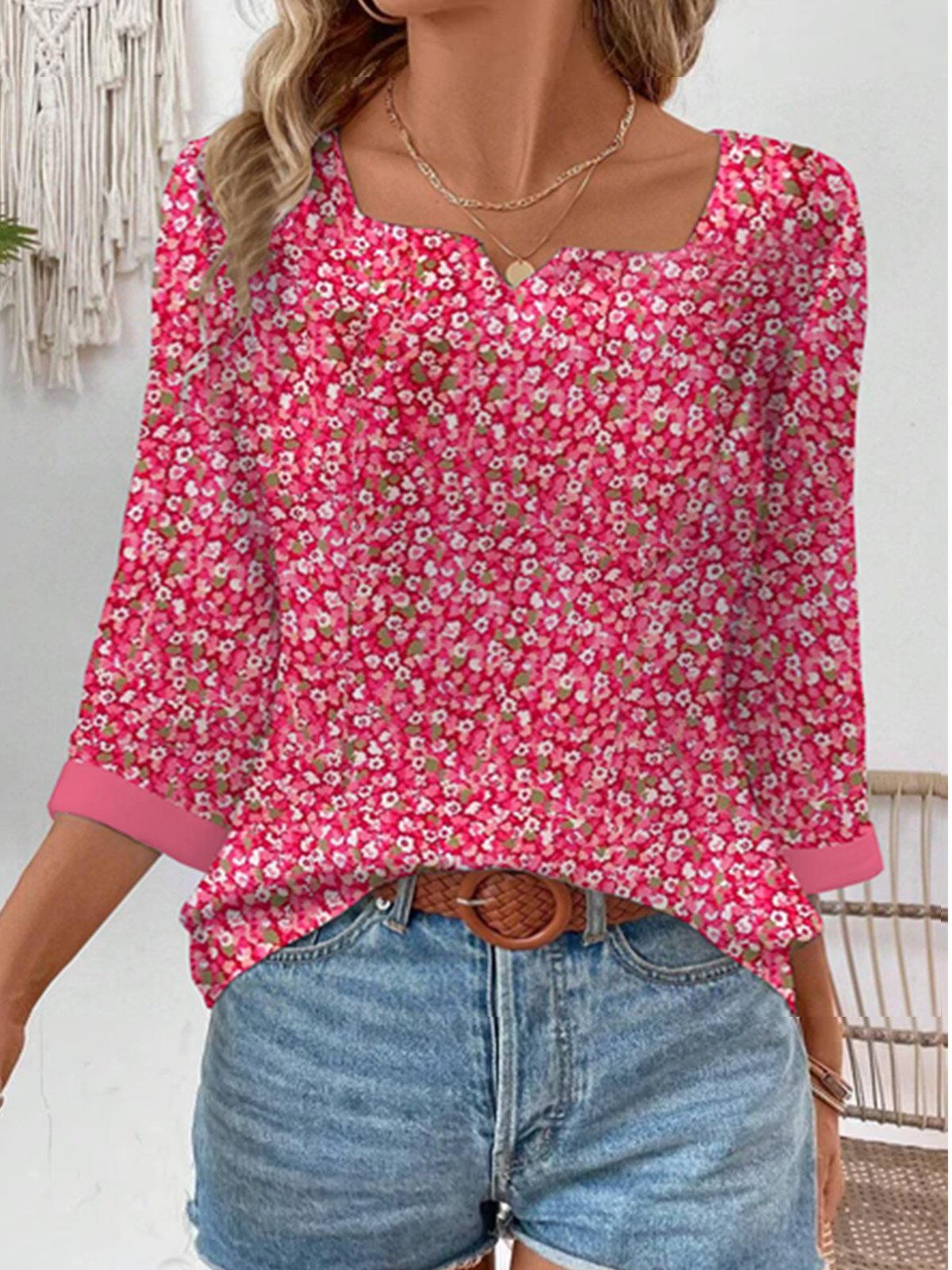Chemisiers1 Décontracté Floral Printemps / Automne Micro-élasticité Coupe Régulière Manches trois quarts Régulier Droit Régulier pour Femmes
