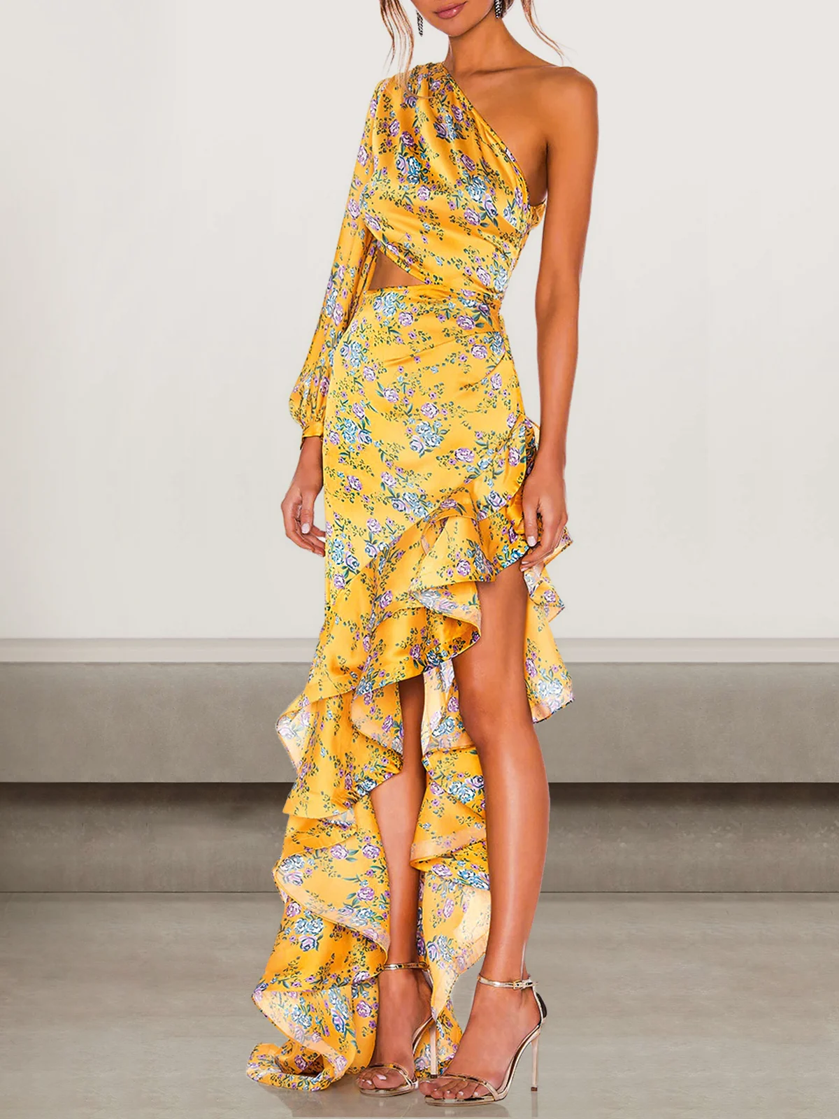 Femmes Floral Or Une Épaule Dénudée Confortable Robe Maxi Sexy