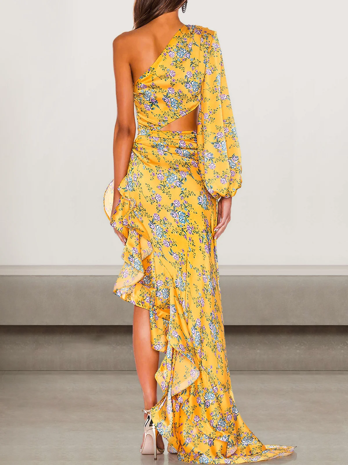 Femmes Floral Or Une Épaule Dénudée Confortable Robe Maxi Sexy
