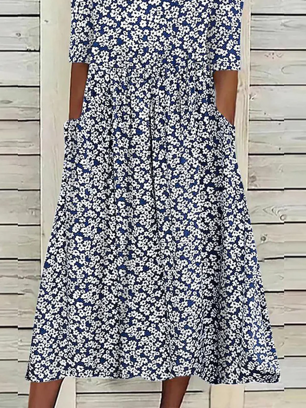 Femmes Petites fleurs Bleu Col Rond Confortable Robe Mi-Longue Décontracté