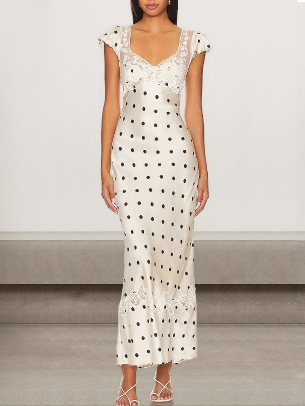 Femmes Pois Polka Blanc Col V Confortable Mini Robe Sexy