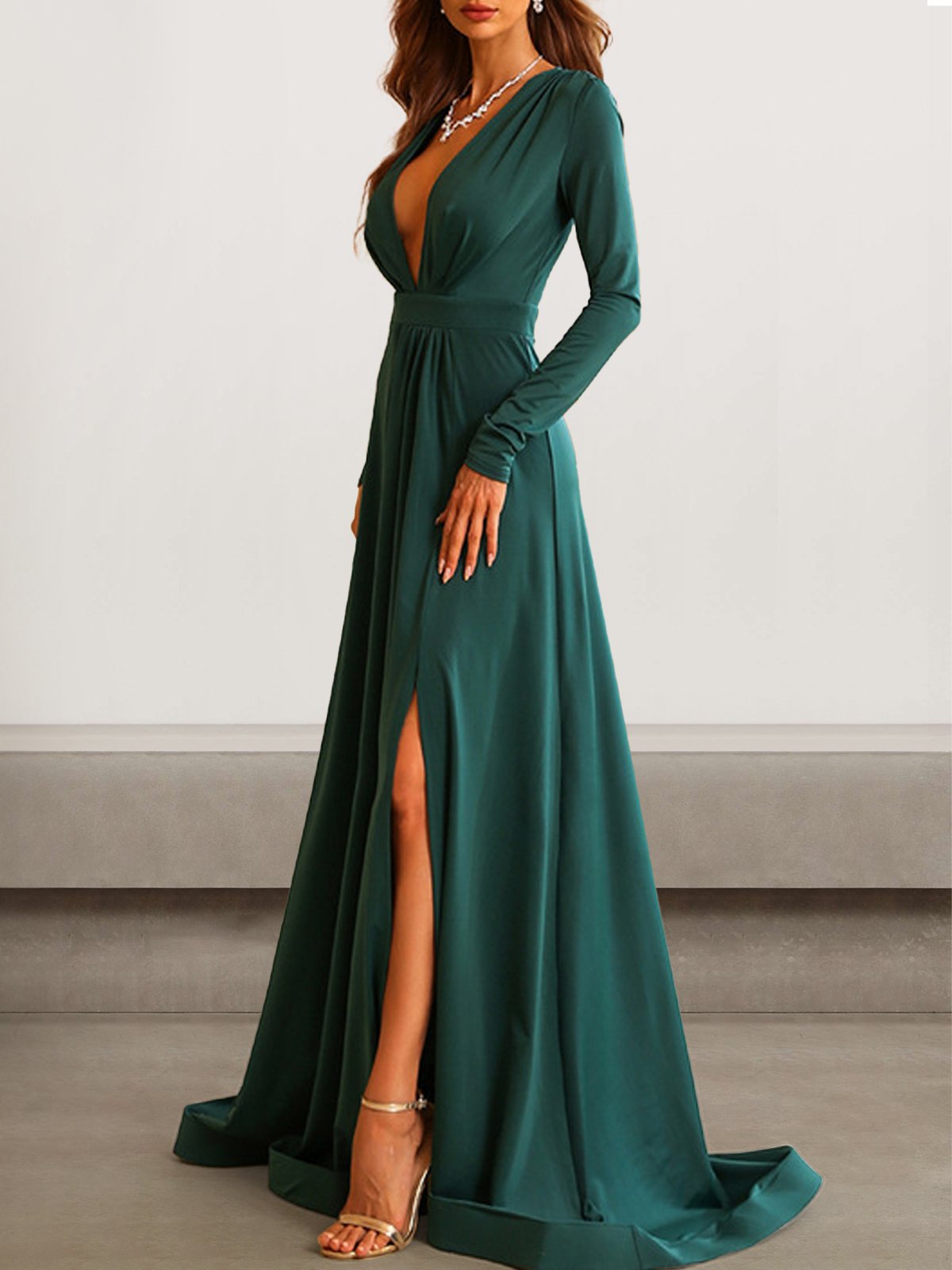 Femmes Plain Noir Col V Confortable Robe Maxi Sexy