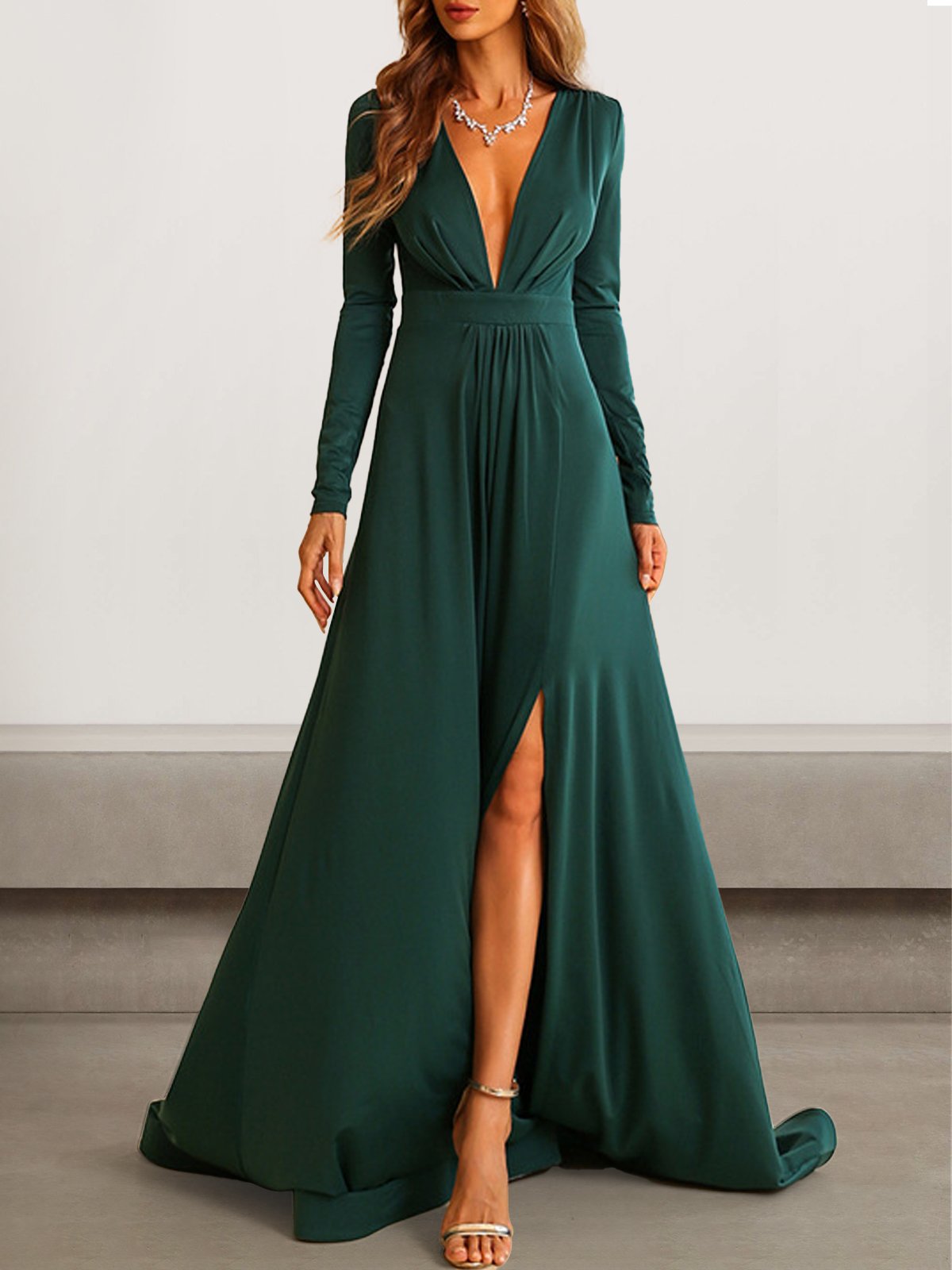Femmes Plain Noir Col V Confortable Robe Maxi Sexy