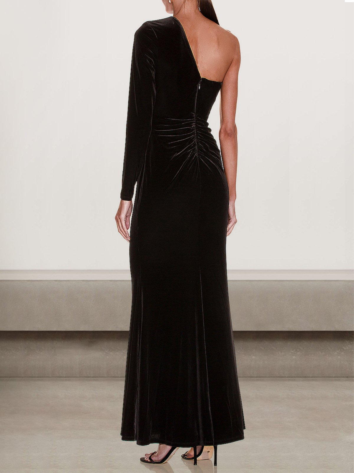 Femmes Plain Noir Une Épaule Dénudée Confortable Robe Maxi Sexy
