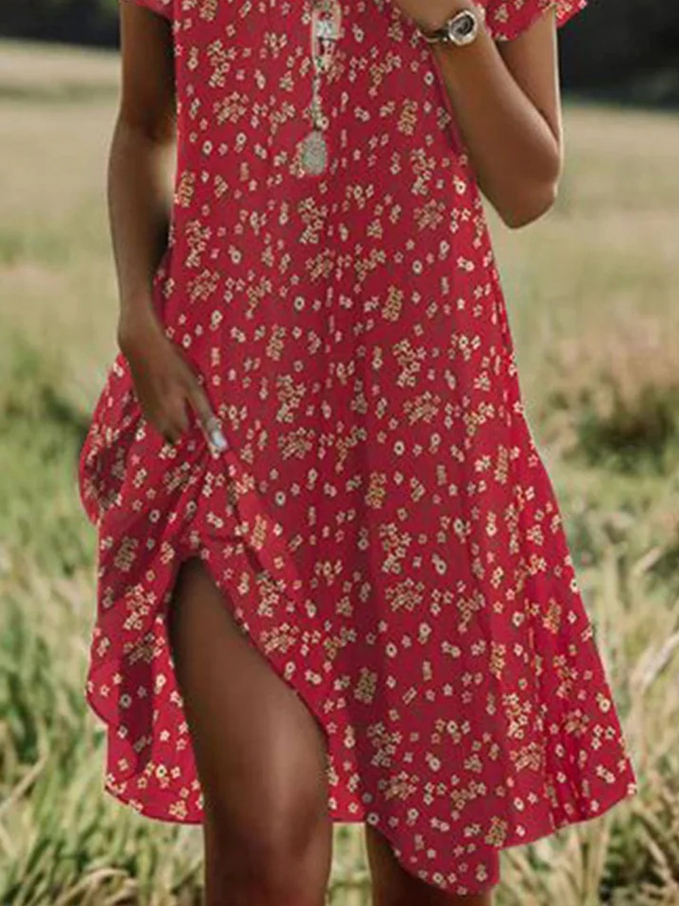 Femmes Floral Rouge Col Rond Confortable Mini Robe Décontracté