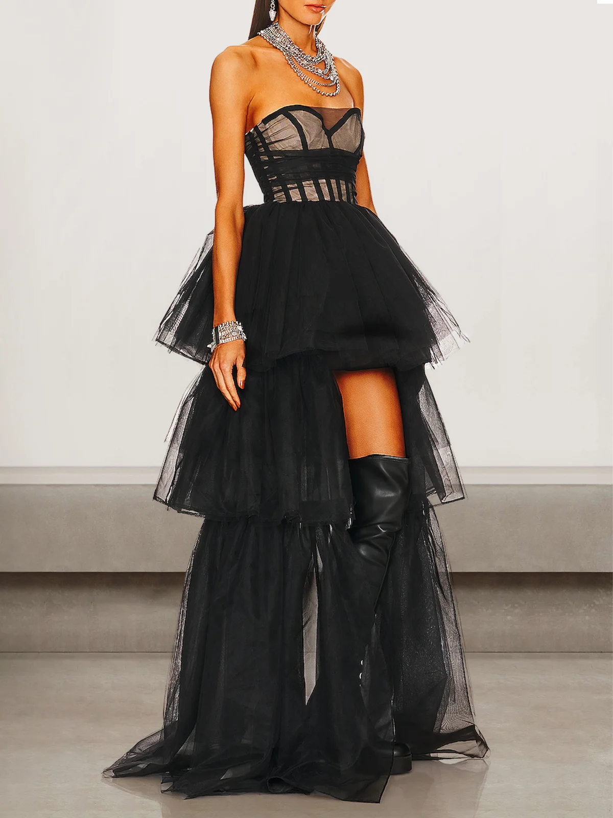 Femmes Plain Noir Sans Bretelles Confortable Robe Maxi Sexy