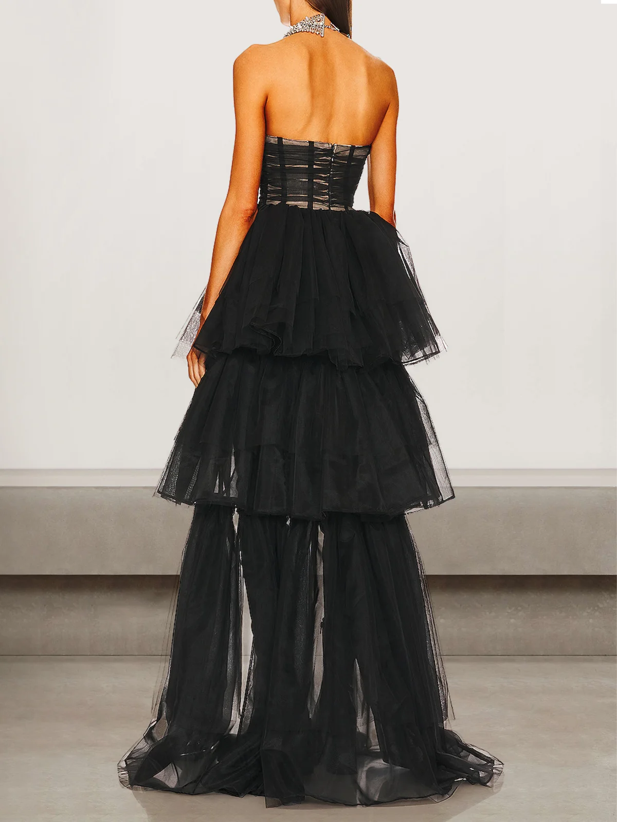 Femmes Plain Noir Sans Bretelles Confortable Robe Maxi Sexy