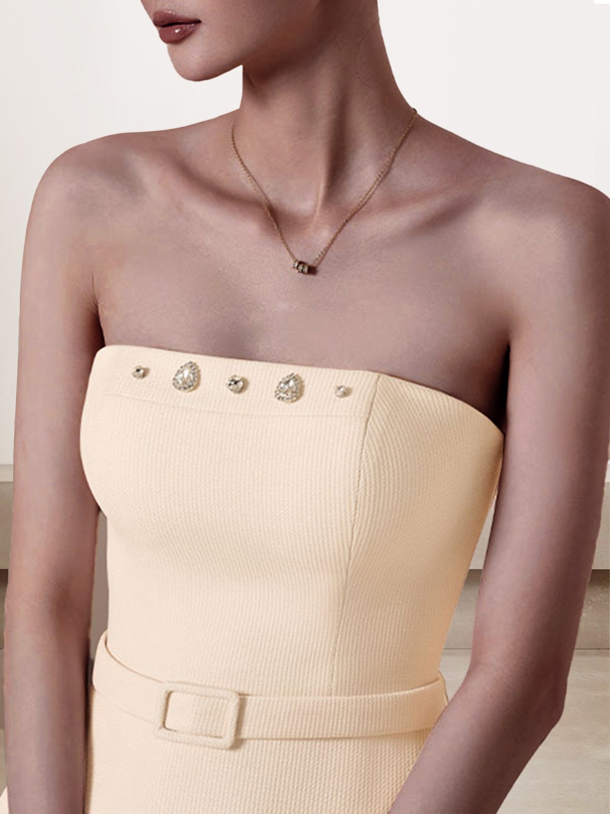 Femmes Plain Abricot Sans Bretelles Confortable Robe Mi-Longue Sexy