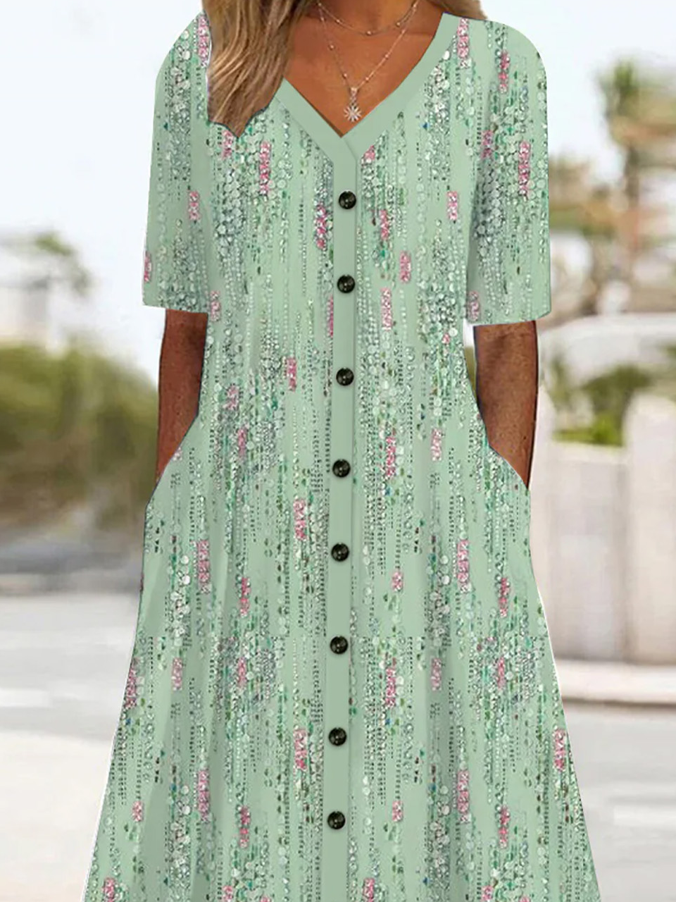 Femmes Floral Vert Col V Confortable Robe Mi-Longue Décontracté