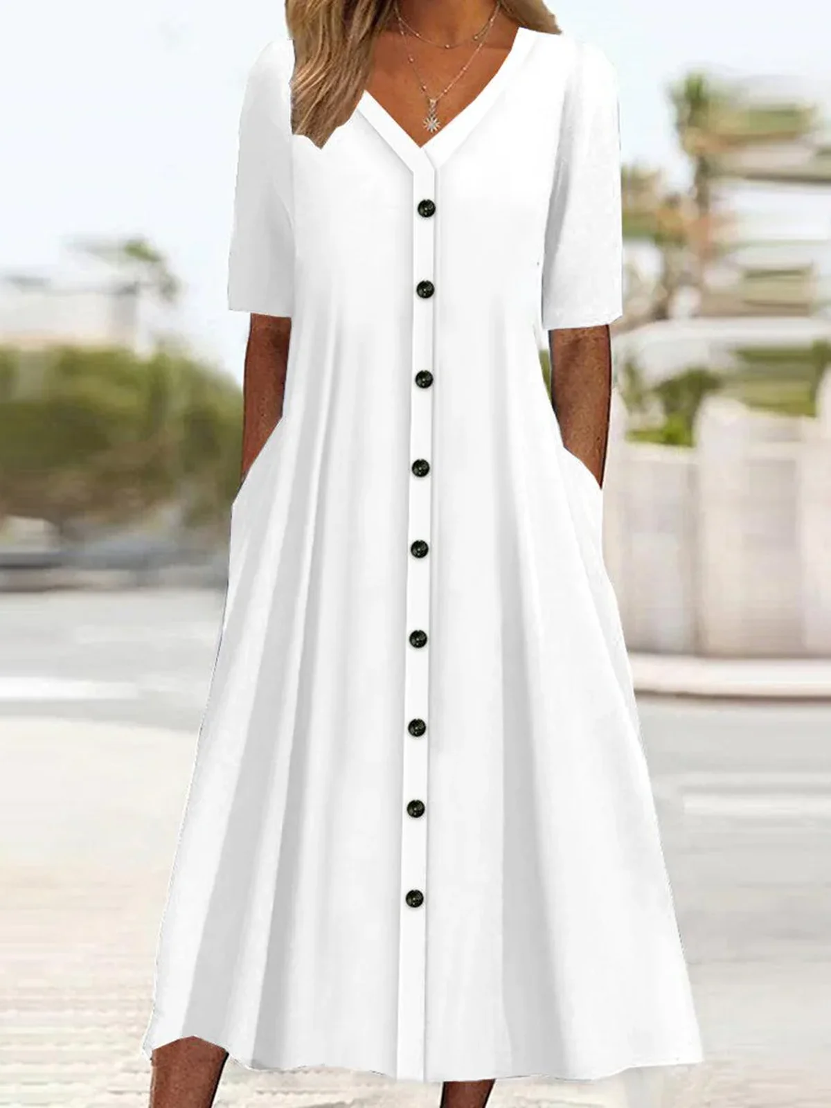 Femmes Plain Blanc Col V Confortable Boucle Robe Mi-Longue Décontracté