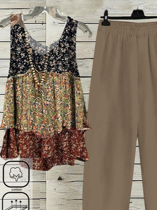 Deux Pièces Ensembles Femmes Décontracté Été Petites fleurs Naturel Ample Meilleure vente Col Rond Régulier Non