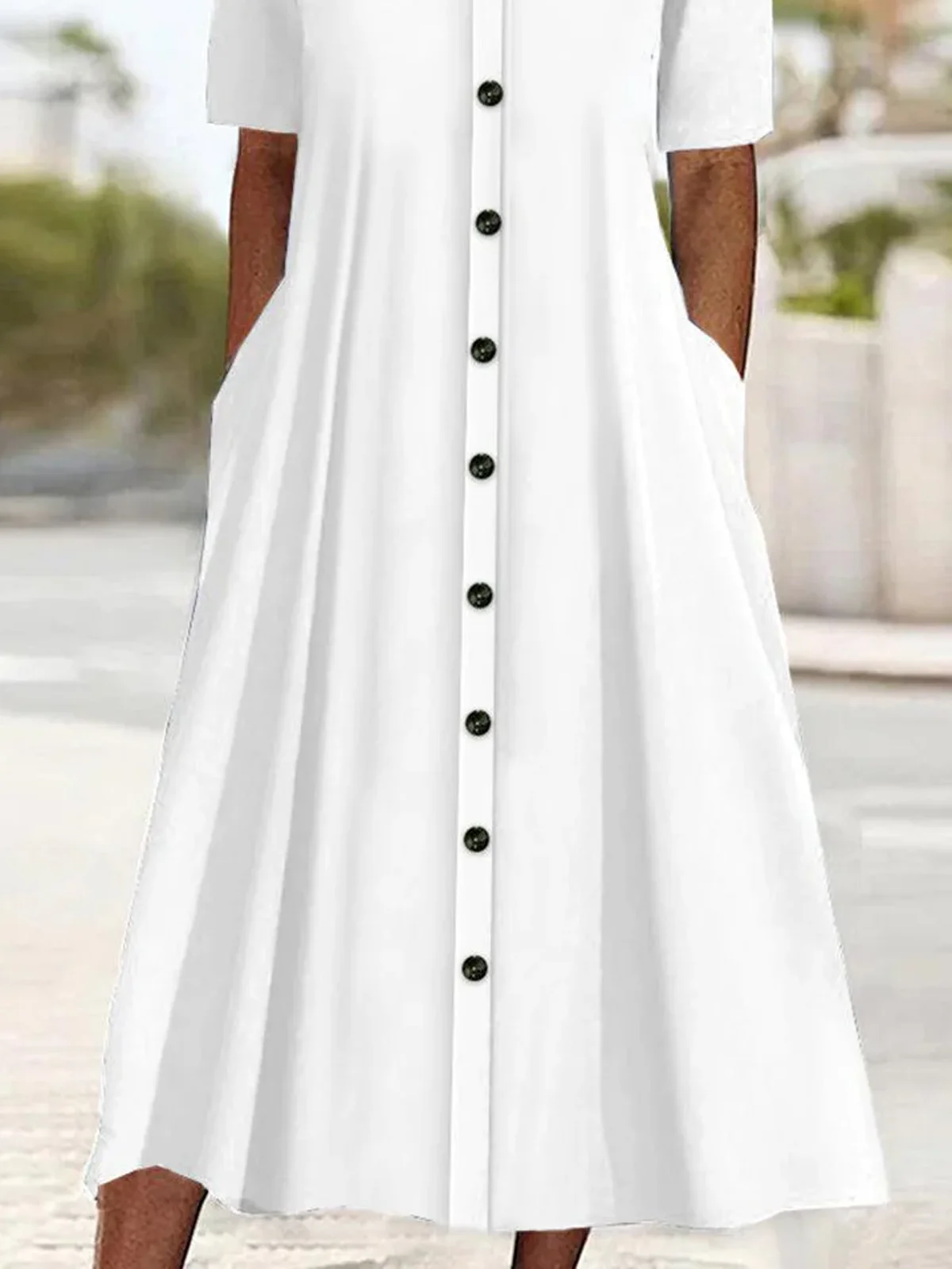 Femmes Plain Blanc Col V Confortable Boucle Robe Mi-Longue Décontracté