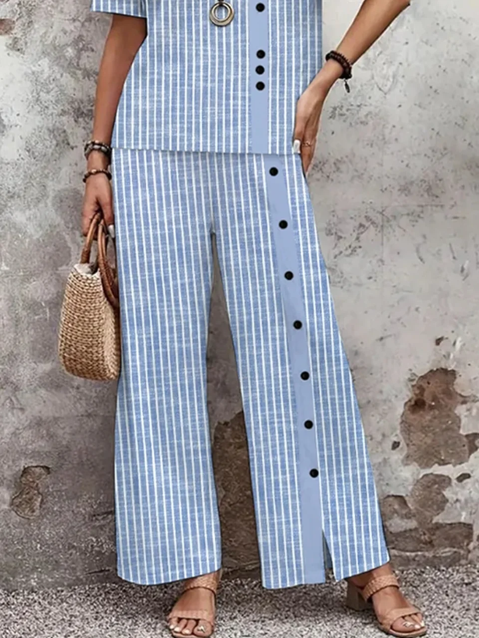 Deux Pièces Ensembles Femmes Rayé Décontracté Été Quotidien Ample Col Rond Top Avec Pantalons Droit Régulier