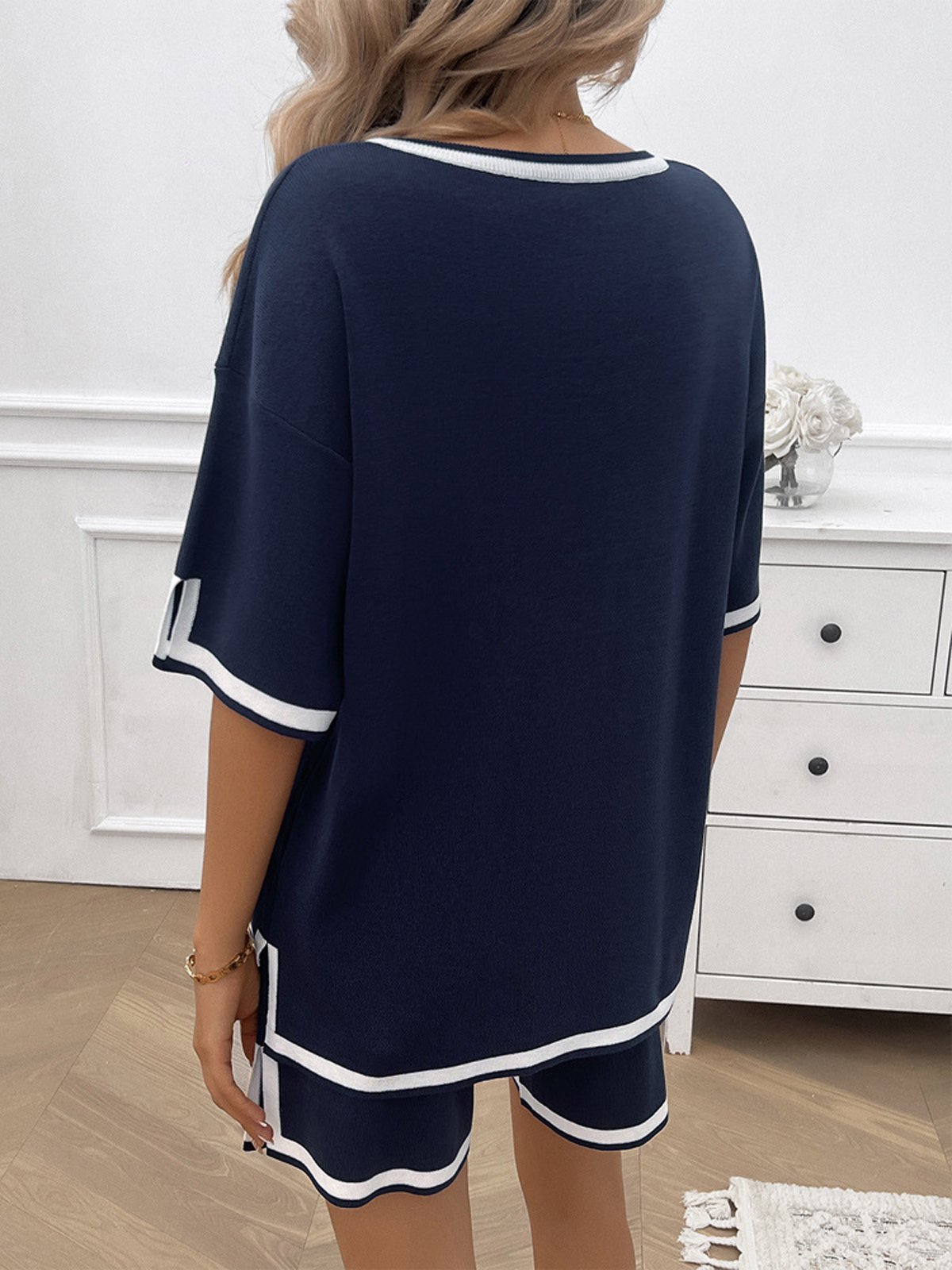 Deux Pièces Ensembles Femmes Décontracté Bloc de Couleur Été Col V Naturel Micro-élasticité Quotidien Top Avec Pantalons Régulier