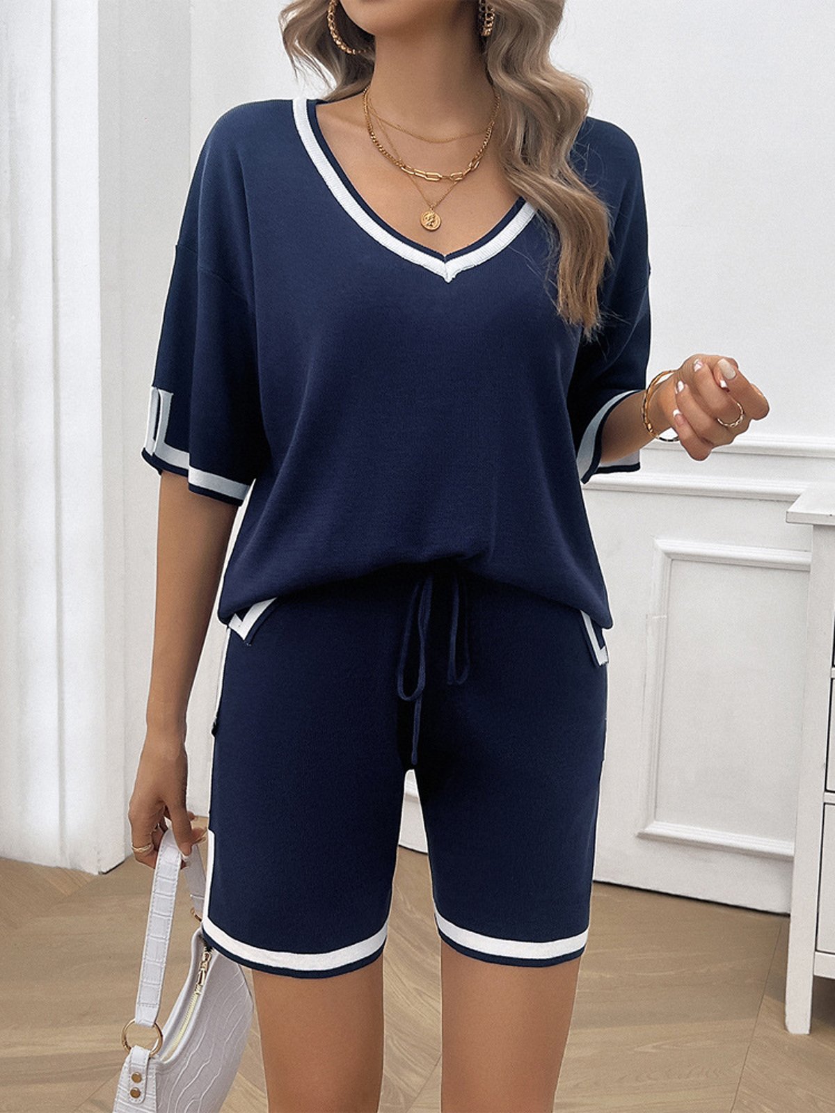 Deux Pièces Ensembles Femmes Décontracté Bloc de Couleur Été Col V Naturel Micro-élasticité Quotidien Top Avec Pantalons Régulier
