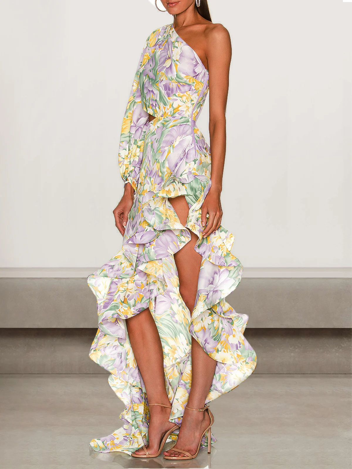 Femmes Floral Blanc-Jaune Une Épaule Dénudée Confortable Robe Maxi Sexy