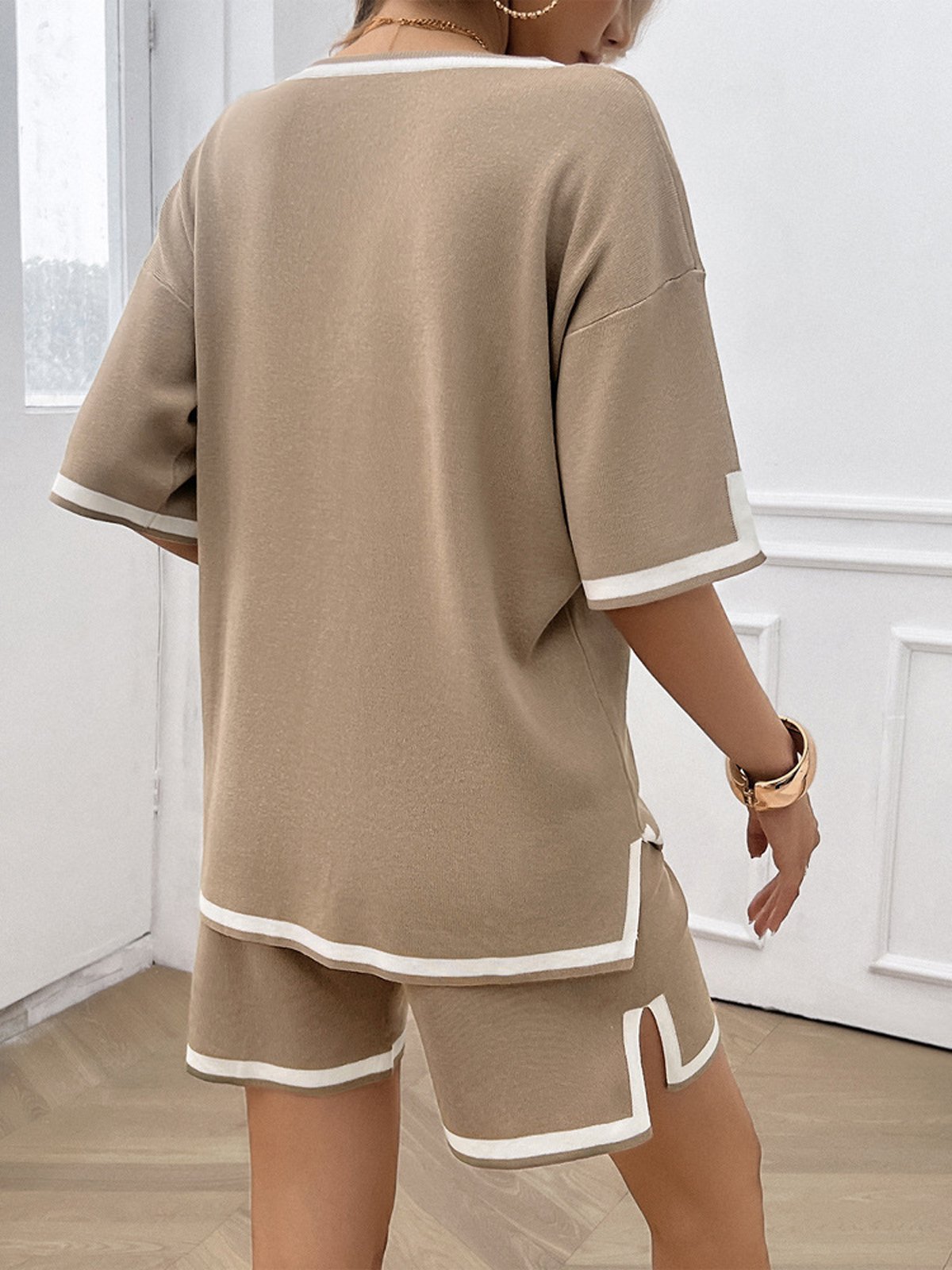 Deux Pièces Ensembles Femmes Décontracté Bloc de Couleur Été Col V Naturel Micro-élasticité Quotidien Top Avec Pantalons Régulier