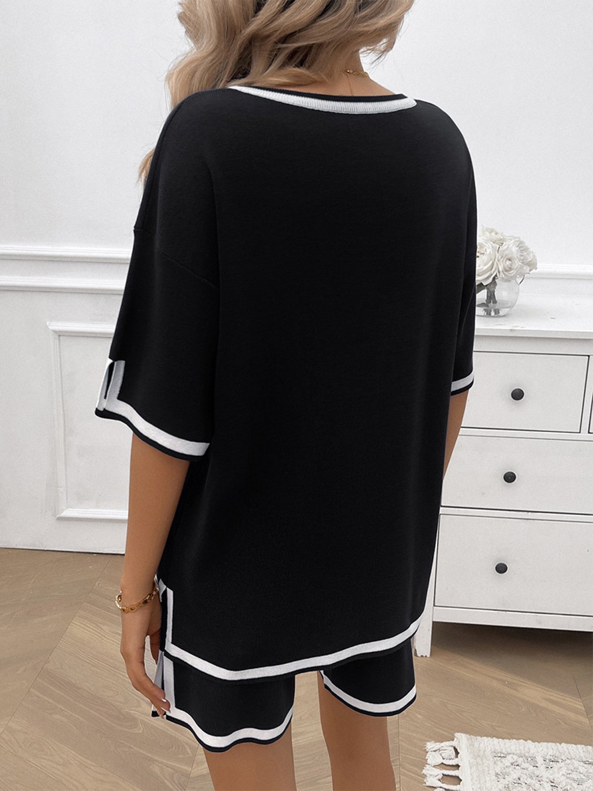 Deux Pièces Ensembles Femmes Décontracté Bloc de Couleur Été Col V Naturel Micro-élasticité Quotidien Top Avec Pantalons Régulier