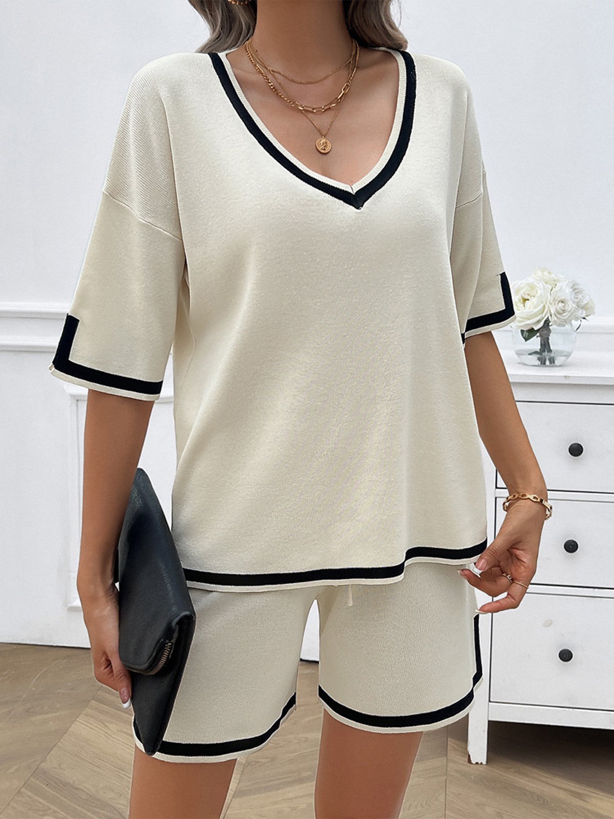 Deux Pièces Ensembles Femmes Décontracté Bloc de Couleur Été Col V Naturel Micro-élasticité Quotidien Top Avec Pantalons Régulier