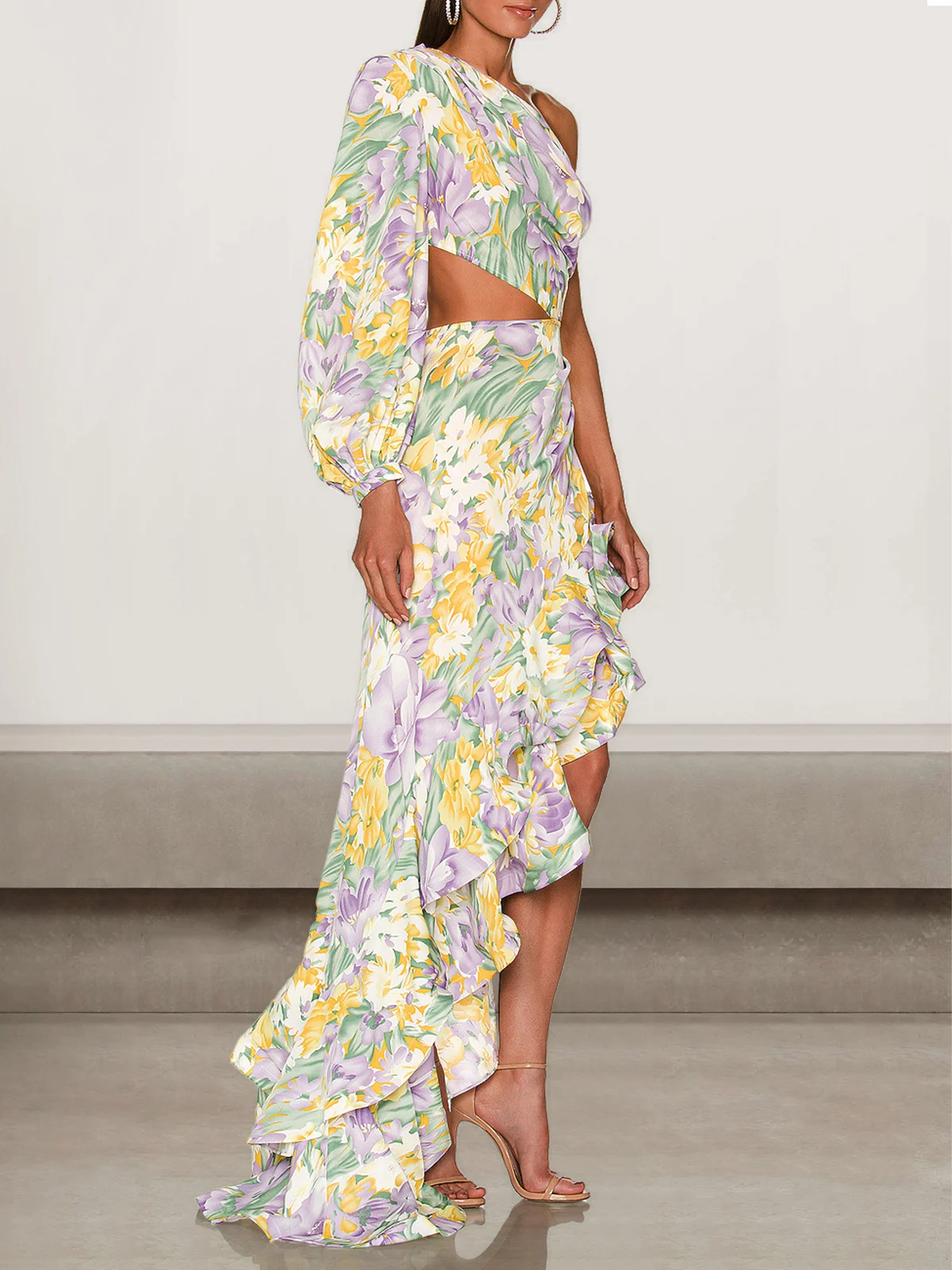 Femmes Floral Blanc-Jaune Une Épaule Dénudée Confortable Robe Maxi Sexy