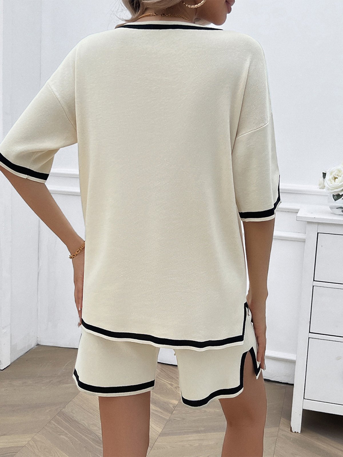 Deux Pièces Ensembles Femmes Décontracté Bloc de Couleur Été Col V Naturel Micro-élasticité Quotidien Top Avec Pantalons Régulier