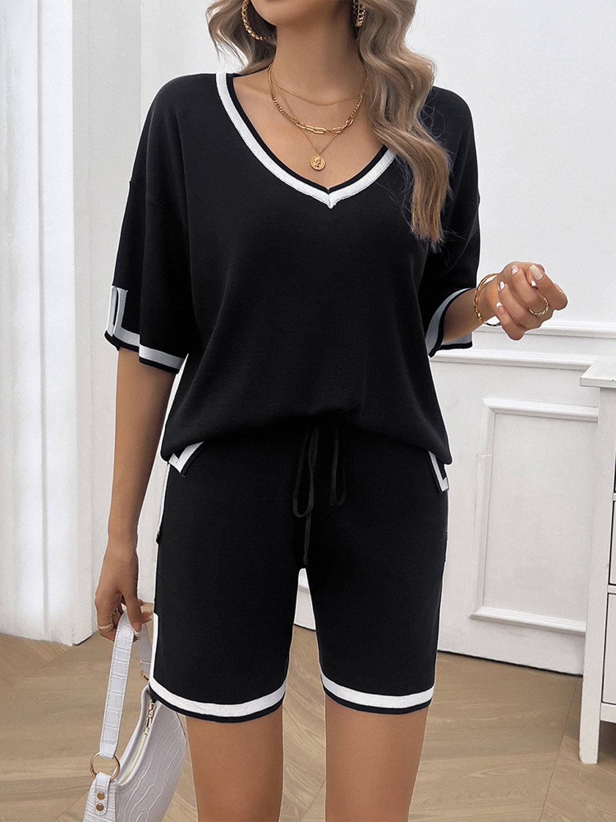 Deux Pièces Ensembles Femmes Décontracté Bloc de Couleur Été Col V Naturel Micro-élasticité Quotidien Top Avec Pantalons Régulier