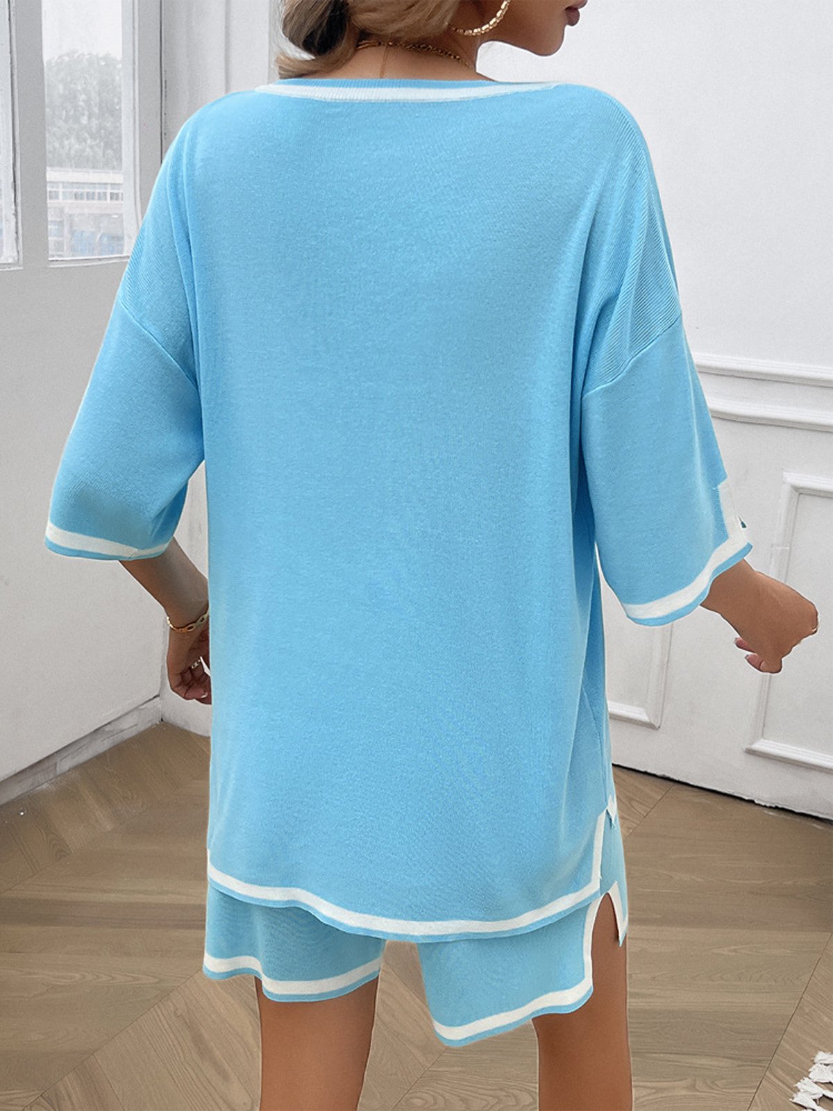 Deux Pièces Ensembles Femmes Décontracté Bloc de Couleur Été Col V Naturel Micro-élasticité Quotidien Top Avec Pantalons Régulier