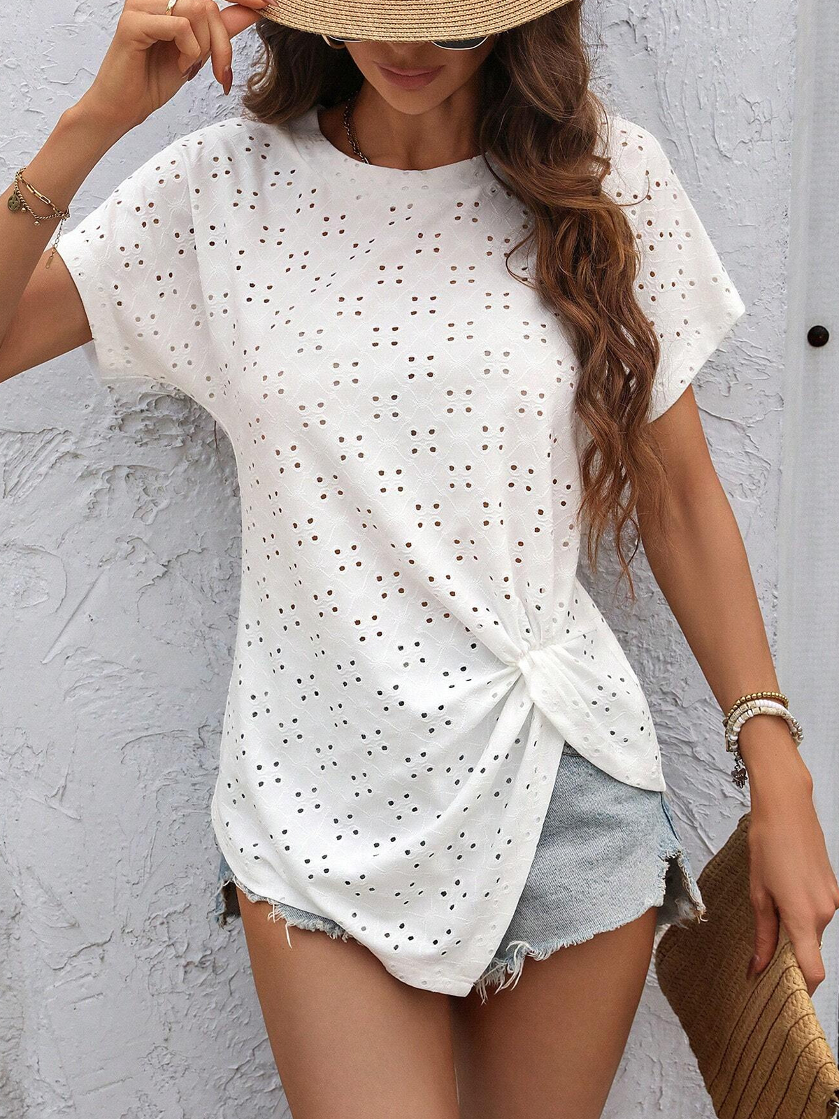 T-shirts Décontracté Plain Été Micro-élasticité Ample Manches Courtes Col Rond Régulier Régulier pour Femmes