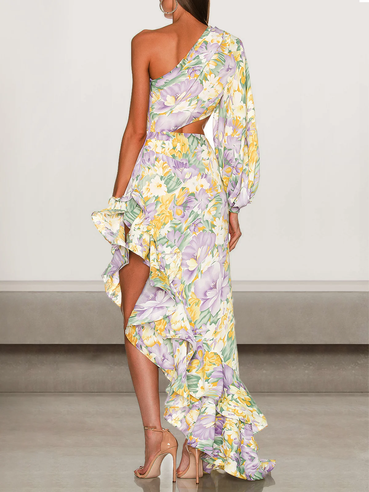 Femmes Floral Blanc-Jaune Une Épaule Dénudée Confortable Robe Maxi Sexy