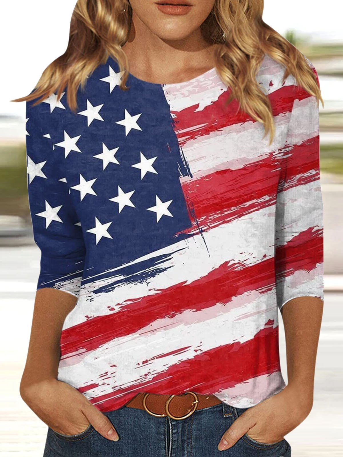 T-shirts Femmes Décontracté Été Drapeau des États-Unis Polyester Micro-élasticité Ample Col Rond Régulier Le jour de l'indépendance