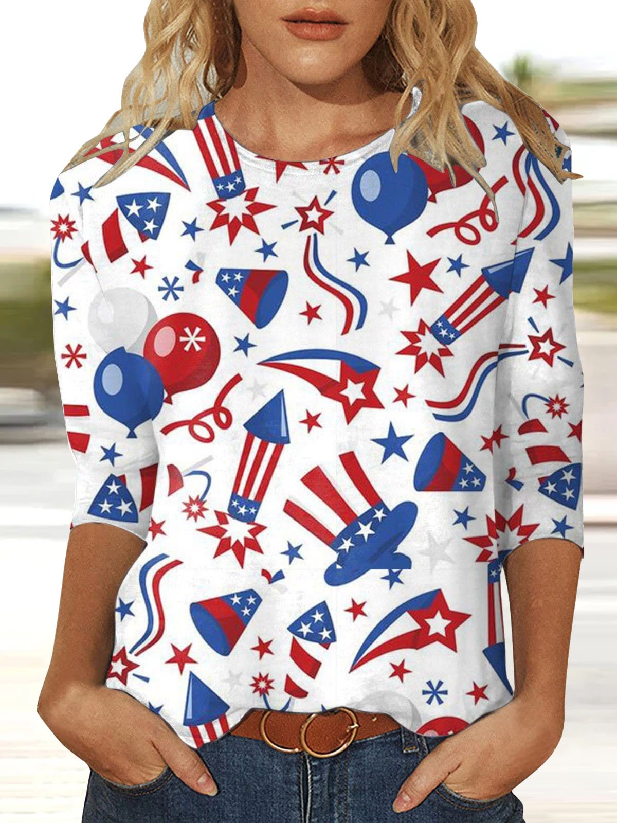 T-shirts Femmes Décontracté Été Drapeau des États-Unis Polyester Micro-élasticité Ample Col Rond Régulier Le jour de l'indépendance