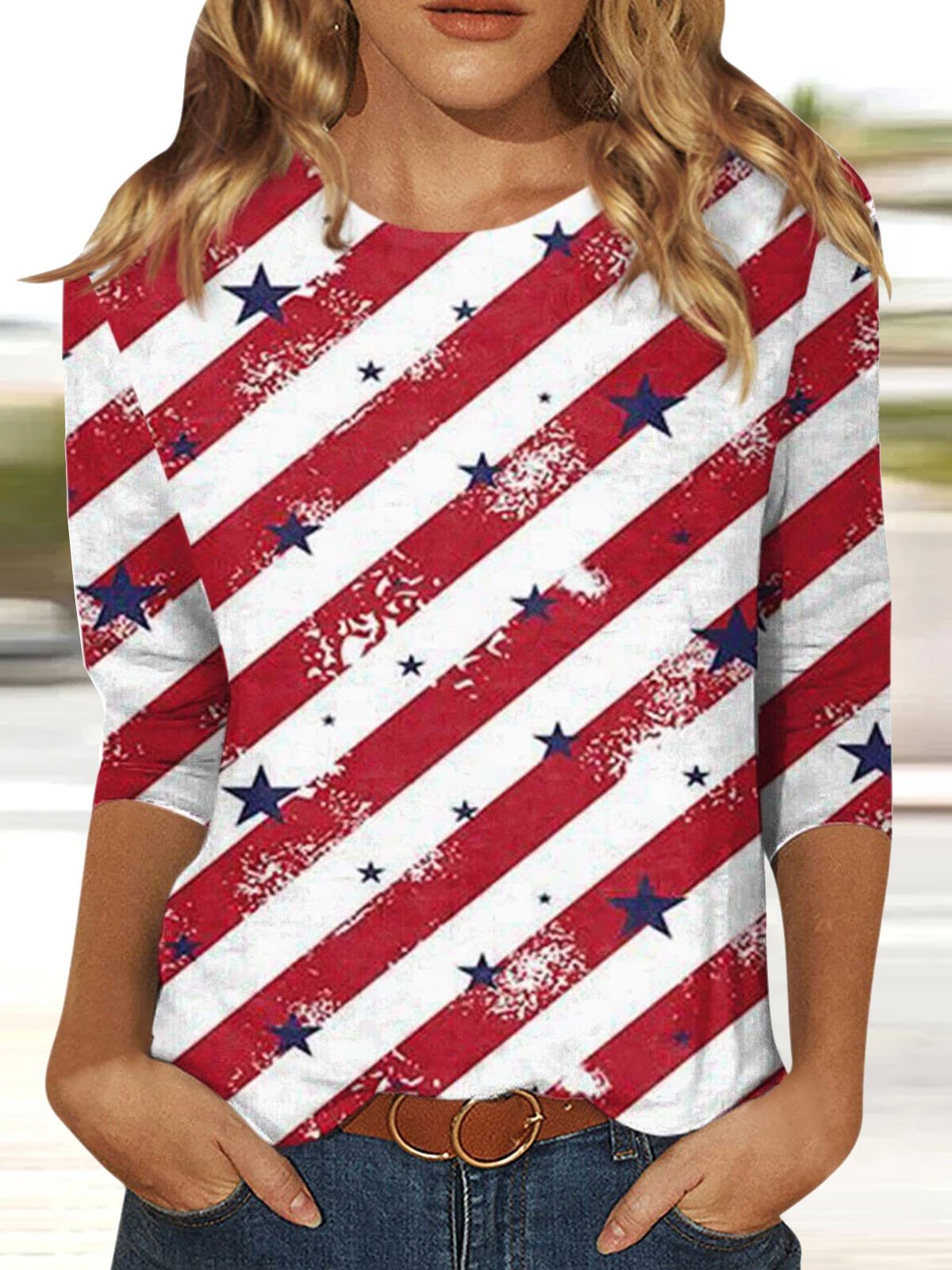 T-shirts Femmes Décontracté Été Drapeau des États-Unis Polyester Micro-élasticité Ample Col Rond Régulier Le jour de l'indépendance