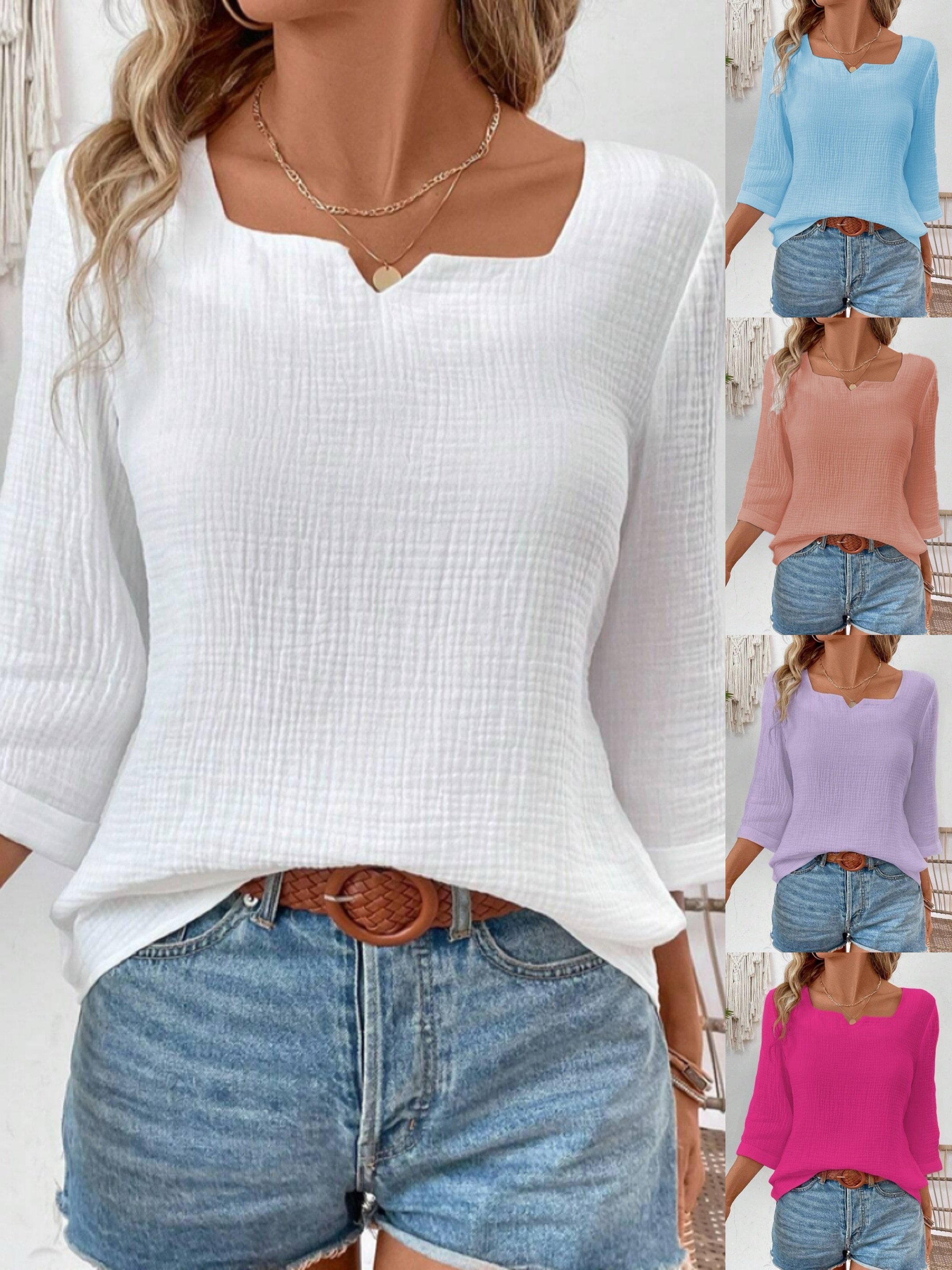 Chemises Femmes Plain Printemps / Automne Simple Coton Aucune élasticité Faire la navette Ample Manches trois quarts Entaillé