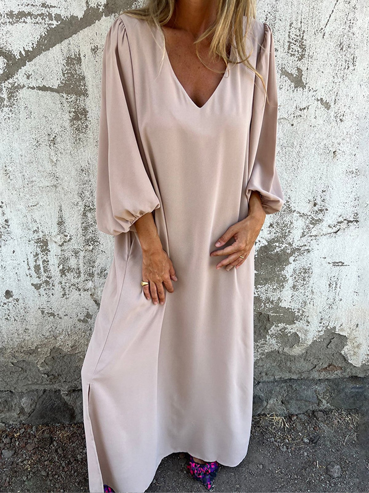 Femmes Plain Rouge Col V Confortable Robe Maxi Décontracté