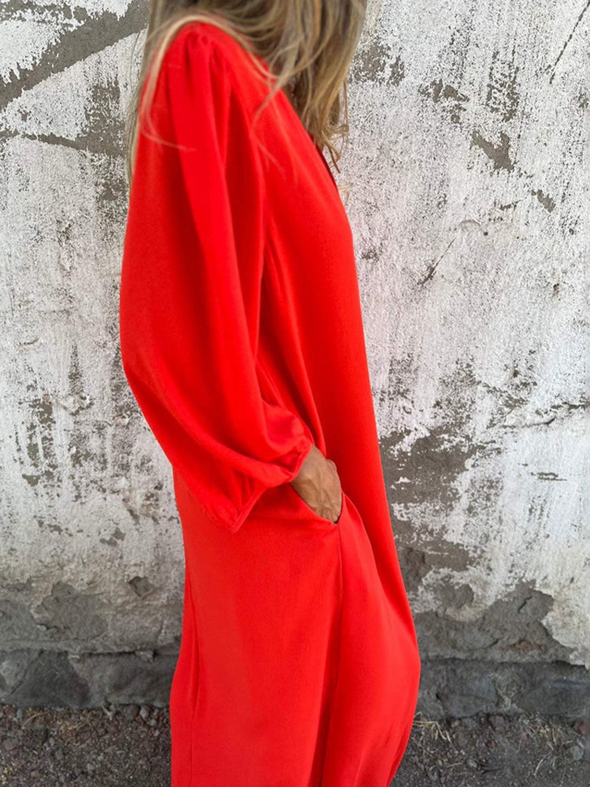 Femmes Plain Rouge Col V Confortable Robe Maxi Décontracté