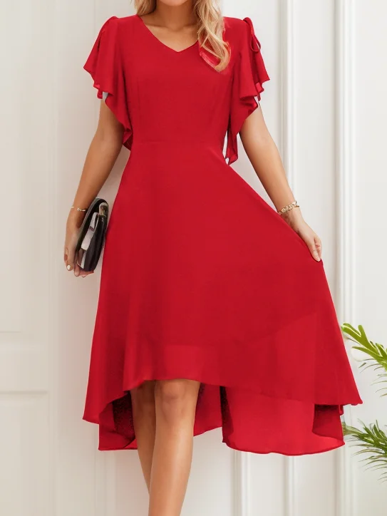 Femmes Plain Noir Col V Confortable Croisé Robe Mi-Longue Simple