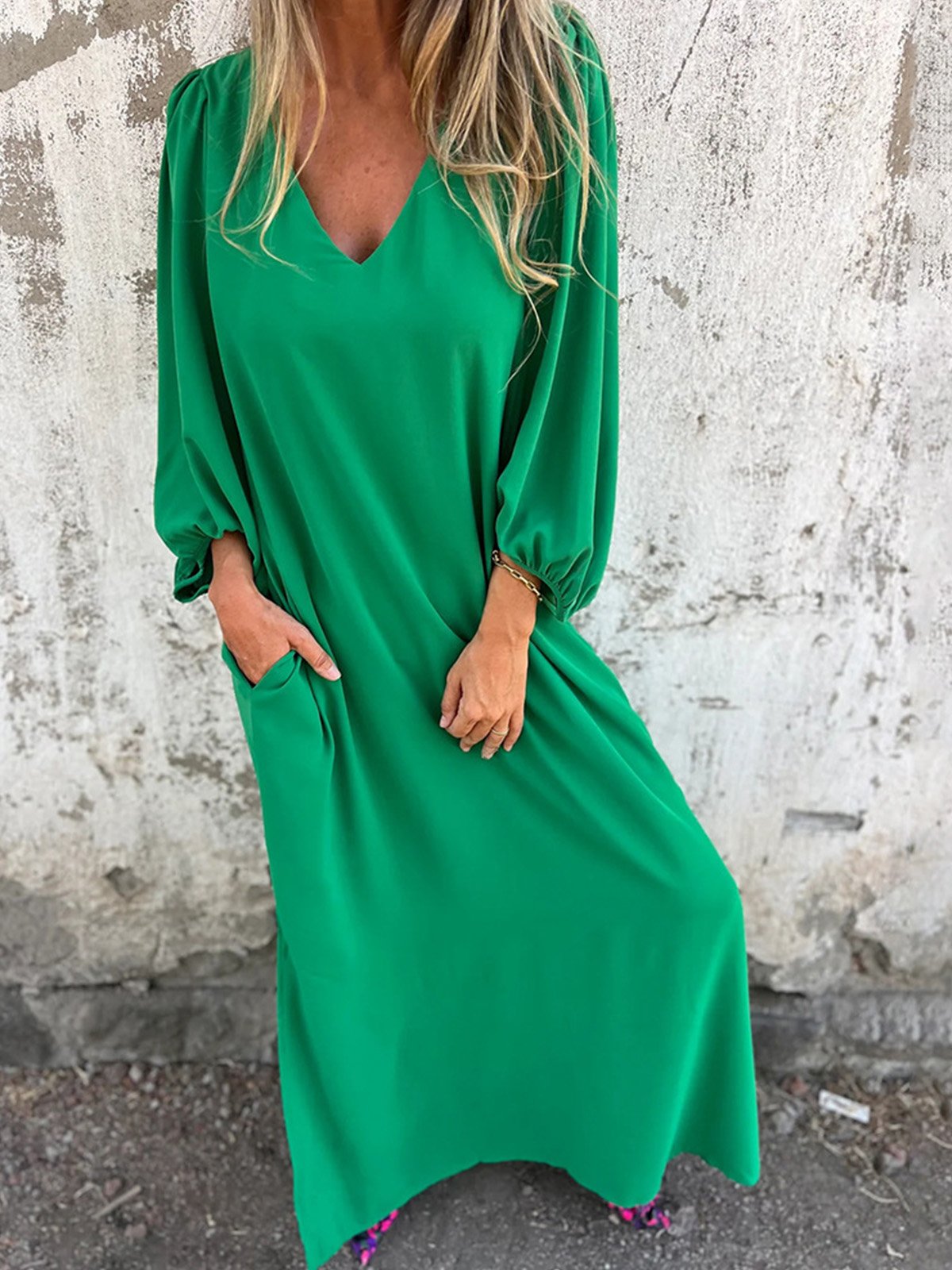 Femmes Plain Rouge Col V Confortable Robe Maxi Décontracté