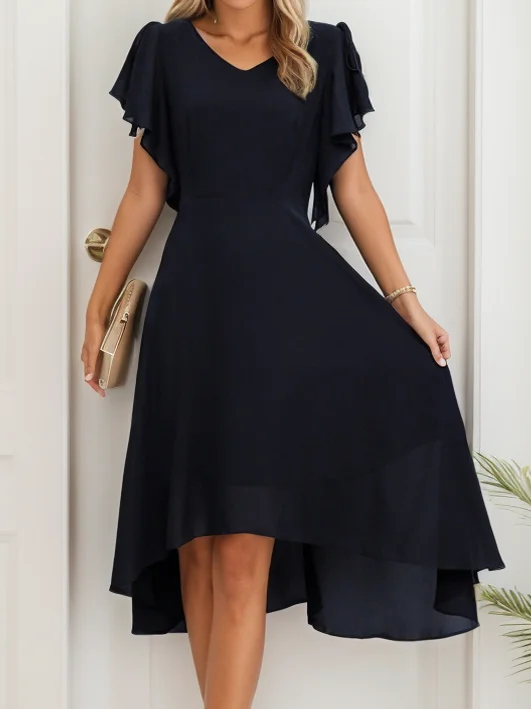 Femmes Plain Noir Col V Confortable Croisé Robe Mi-Longue Simple