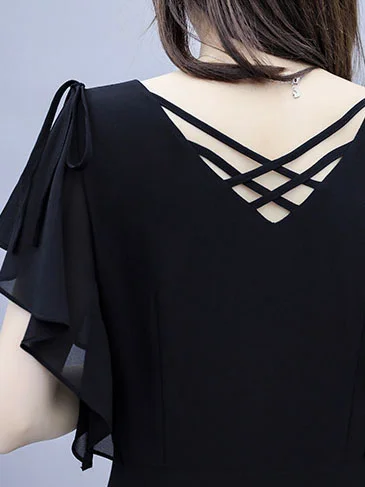 Femmes Plain Noir Col V Confortable Croisé Robe Mi-Longue Simple