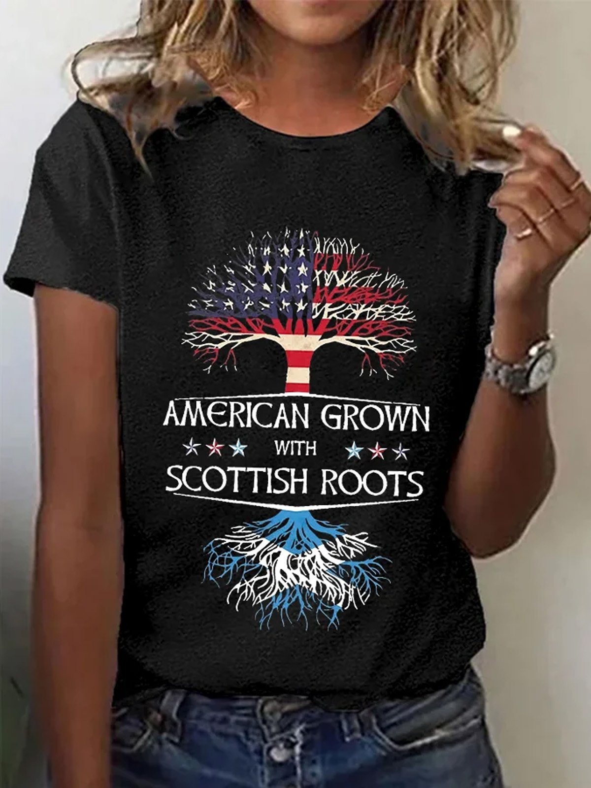 T-shirts Décontracté Été Le jour de l'indépendance (Drapeau) Coton Manches Courtes Col Rond Régulier Droit Élasticité moyenne pour Femmes